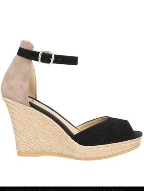 New In Box Womens Black and Taupe Espadrille Wedge Sandals Ankle Strap Toni Pons